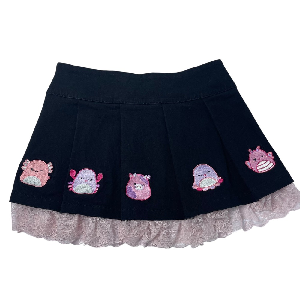 Dolls Kill X Squishmellows Mini Skirt Black Pleated Lace‎ Trim Sz S Goth Punk